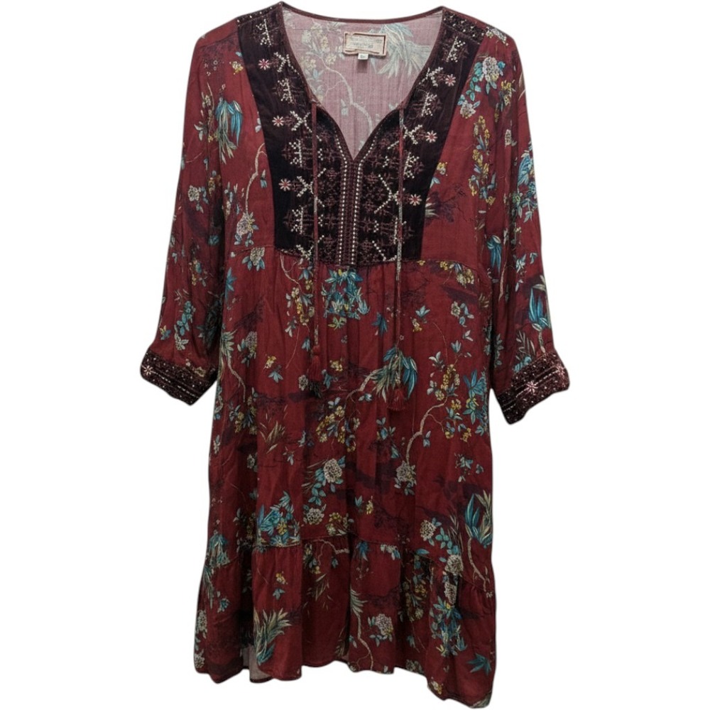 Johnny Was Workshop Mini Dress Womens XS Burgundy Floral Velvet Embroidered Boho